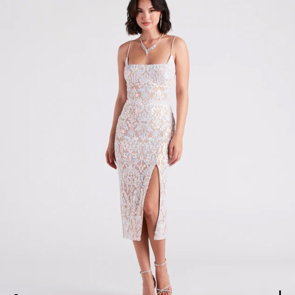 Windsor White and Blush Lace Midi Dress with Front Slit